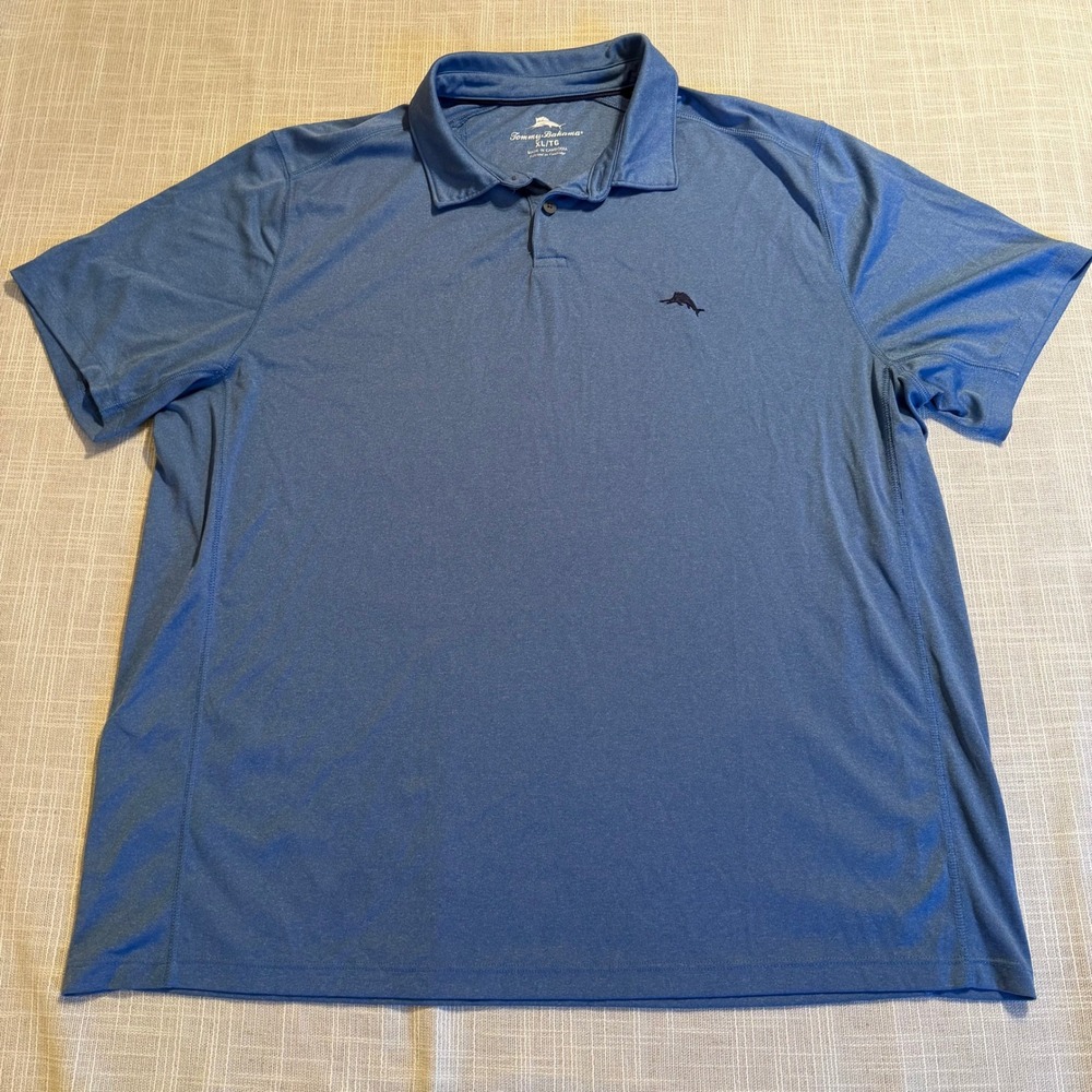 Tommy Bahama Mens XL Blue Heathered Recycled Polyester Short Sleeve Polo Shirt